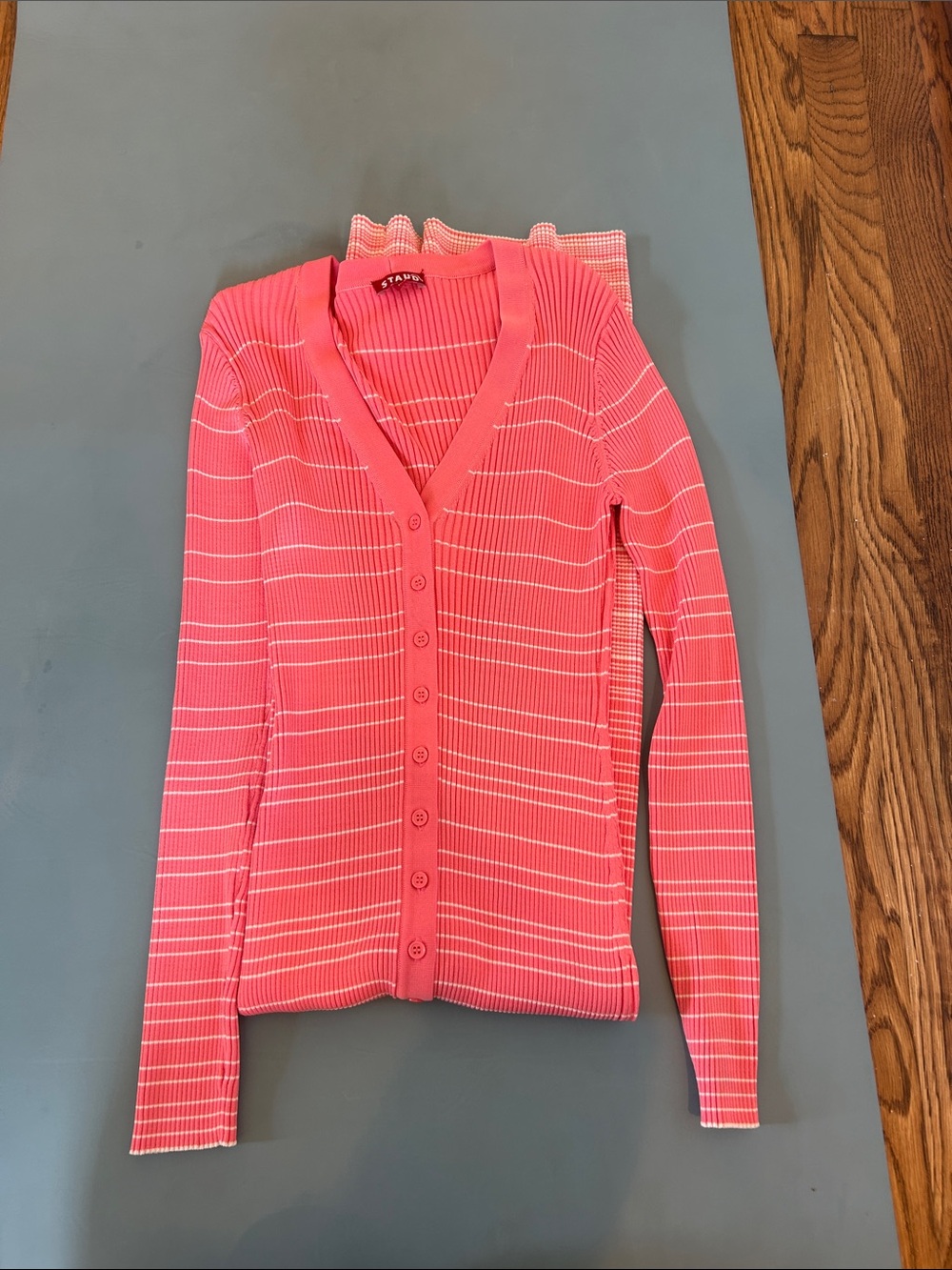 STAUD Coral Pink Ribbed V-Neck Button Cardigan with White Stripes